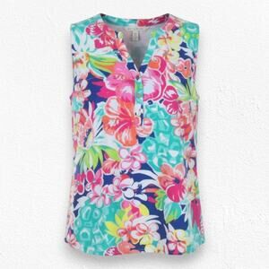 Caribbean Joe Multicolor Sleeveless Tropical Print V Neck Blouse Size Medium
